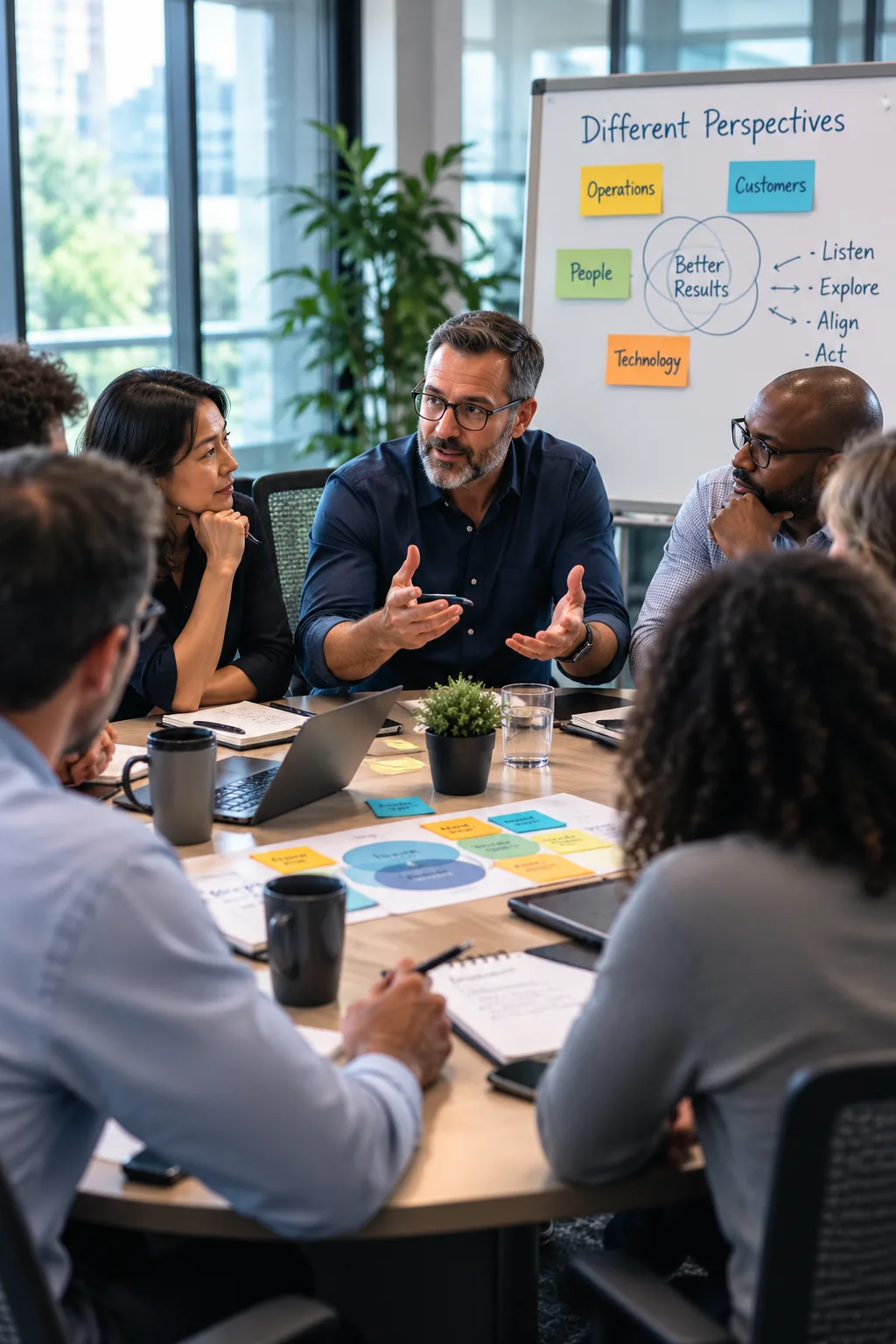 Businesspeople gathered around a table discussing a shared challenge
