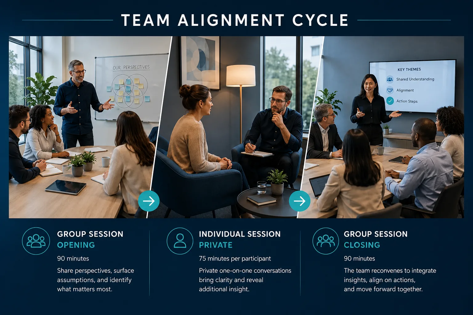 Team Alignment Cycle showing opening group, individual, and closing group sessions
